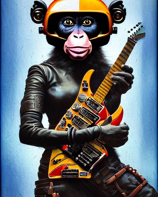 Image similar to a portrait of an anthropomorphic cyberpunk monkey in a leather helmet shredding an electric guitar by sandra chevrier, by jon foster, detailed render, tape deck, epic composition, cybernetics, 4 k realistic, cryengine, realistic shaded lighting, sharp focus, masterpiece, by enki bilal