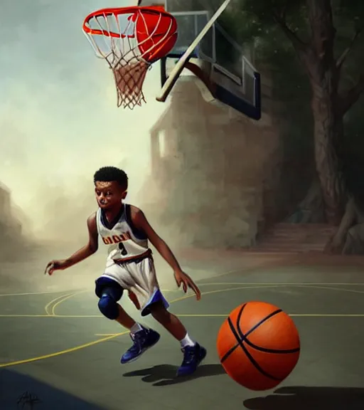 Prompt: portrait of a boy at a basketball court playing basketball wearing a basketball uniform in a basketball court, intense emotion, detailed surroundings, intricate, elegant, highly detailed, centered, digital painting, artstation, concept art, smooth, sharp focus, illustration, by Peter Mohrbacher, WLOP