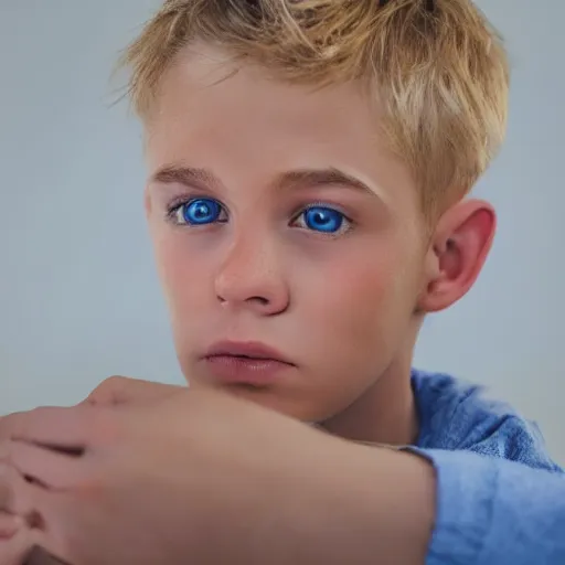 Image similar to portrait of a boy with his hand on his face, extremely realistic and real, photorealistic, blonde hair and blue eyes, detailed facial structure, real eyes that are detailed, real hands