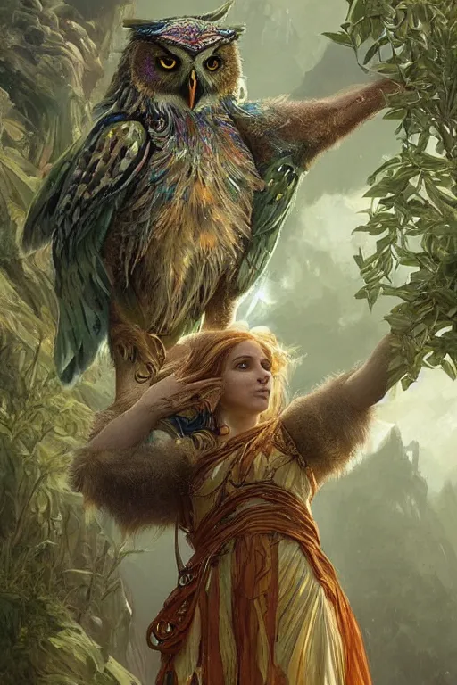 Image similar to a beautiful upper body shot from a fantasy film of a humanoid iridescent green owlbear wearing a loose tunic. an anthropomorphic owlbear. fantasy, frown, intricate, elegant, highly detailed, digital painting, artstation, concept art, matte, sharp focus, illustration, art by artgerm and greg rutkowski and alphonse mucha