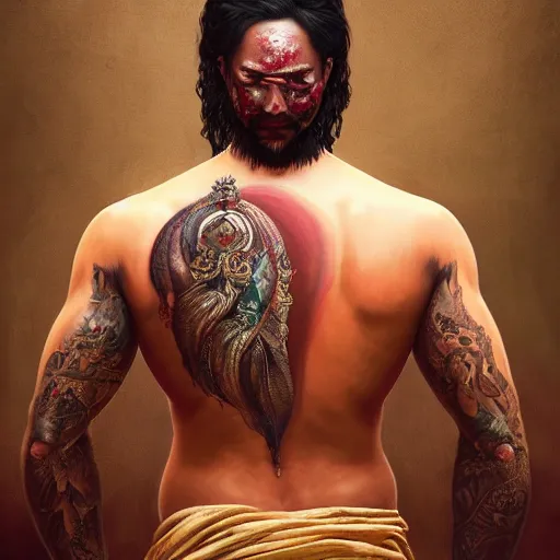 Prompt: portrait painting of a muscular bloodied indian man lower back, tattooed, wearing sari, jewellery, side profile, ultra realistic, concept art, intricate details, eerie, highly detailed, photorealistic, octane render, 8 k, unreal engine. art by artgerm and greg rutkowski and alphonse mucha