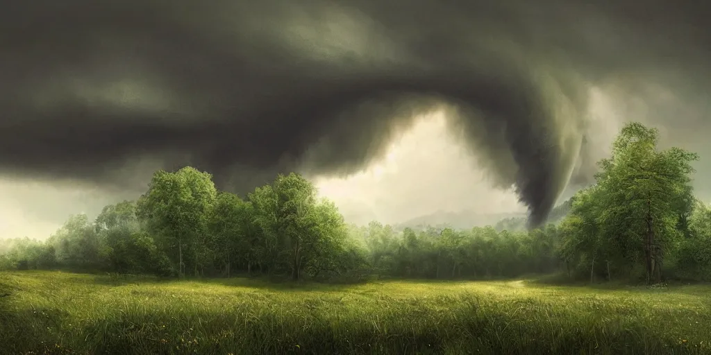 Prompt: A tornado in a beautiful scenic landscape, nature, trees, wide angle, super highly detailed, professional digital painting, artstation, concept art, smooth, sharp focus, no blur, no dof, extreme illustration, Unreal Engine 5, Photorealism, HD quality, 8k resolution, cinema 4d, 3D, beautiful, cinematic, art by artgerm and greg rutkowski and alphonse mucha and loish and WLOP