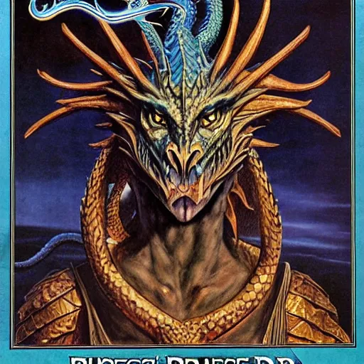 Image similar to head and shoulders portrait of a medieval d & d fantasy anthropomorphic blue dragon - human hybrid sorcerer, d & d rulebook cover art by jeff easley and hr giger