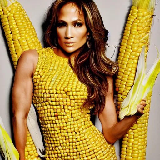 Prompt: full body photo of jennifer lopez, she is wearing a fashionist costume of corn on a cob, studio lighting, corn on a cob everywhere