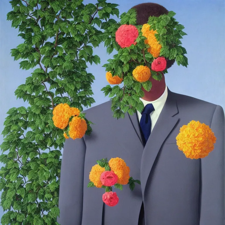 Image similar to portrait of man in a suit with flowers hiding his face by rene magritte, detailed painting, hd, hq, high resolution, high detail, 4 k, 8 k