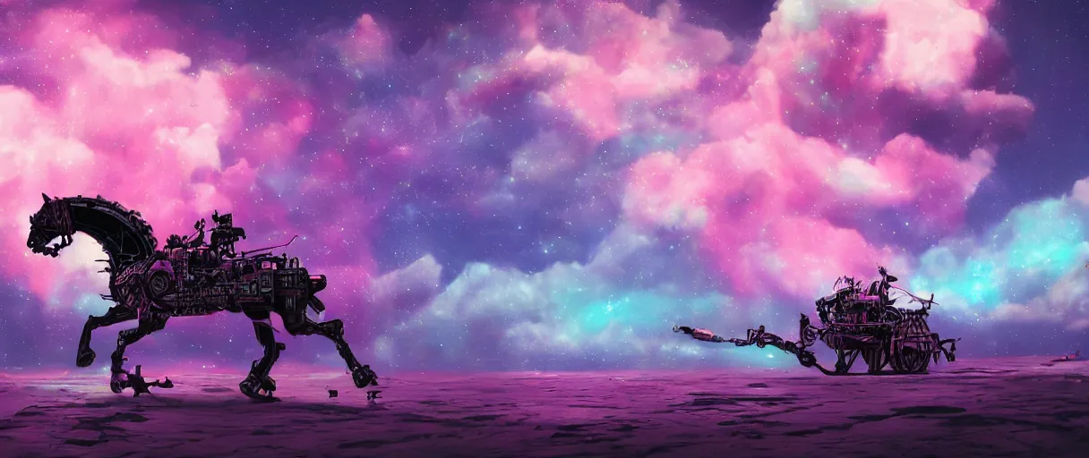 Image similar to space, a horse - drawn, a mechanical horse with a pink mohawk drives a pirate spaceship, punk, hyperdetailed illustration, stars, pink, neon, oil painting, rich deep colors masterpiece, pirate neon ship, ultra detailed, contrast, heaven pink, clouds, volumetric light, atmospheric lighting, dramatic, cinematic, moody, octane render 4 k, 8 k