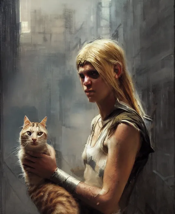 Image similar to blonde greek warrior holding a cat by jeremy mann