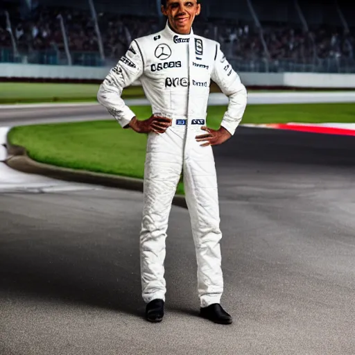 Image similar to a portrait of a mercedes f 1 driver in a white overall with the face of barack obama, outdoor, professional portrait photography, ambient light