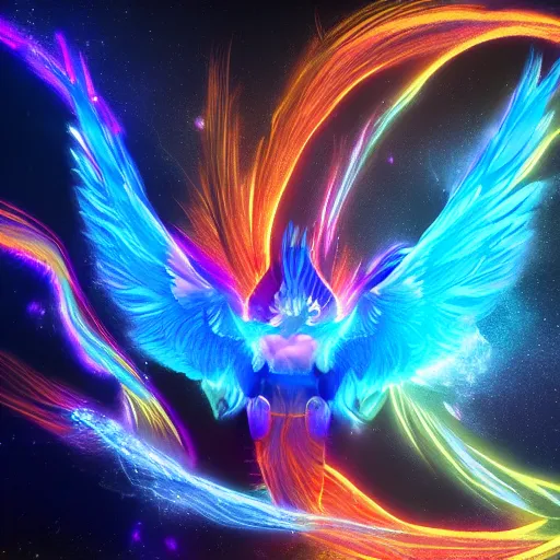 Prompt: a fantasy painting of an abstract energy rainbow phoenix on a dark background, high contrast, positive energy, unreal engine 5, Houdini render