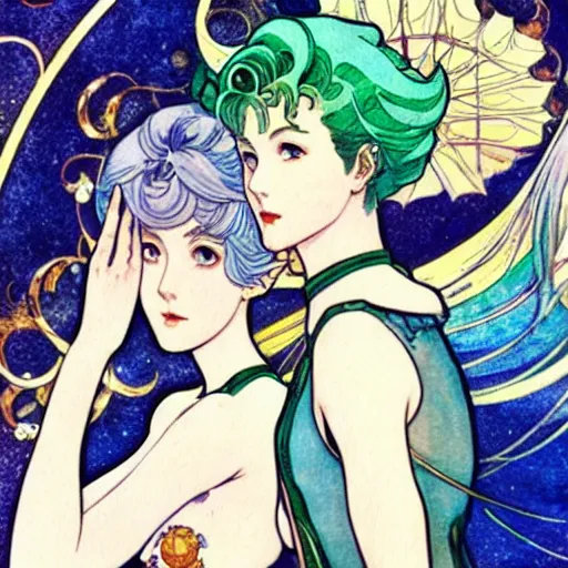 Image similar to the sailor neptune and the sailor uranus. beautiful, realistic painting by mucha and kuvshinov and bilibin. watercolor, thick lining, manga