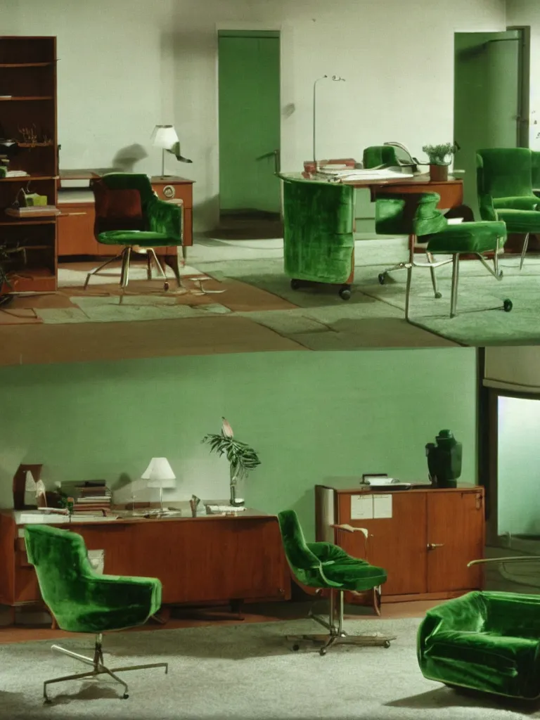 Prompt: a still of severance series indoor 7 0 s green velvet and wood with metal furniture office scenario appearing in a film of jacques tati