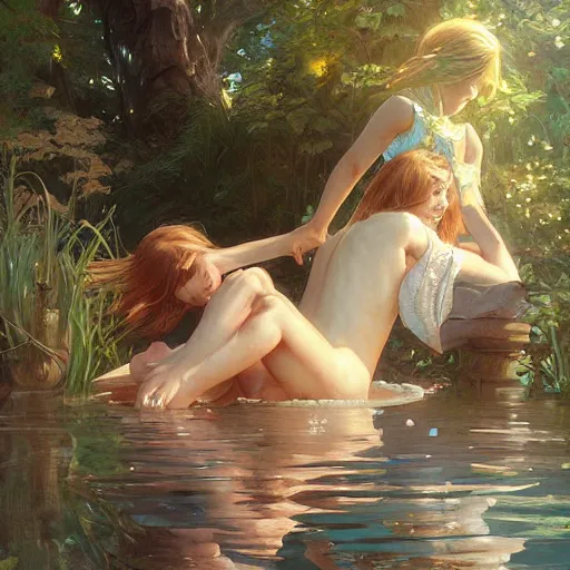 Image similar to summer camp, children playing in water, gorgeous, amazing, highly detailed, digital painting, artstation, concept art, sharp focus, illustration, art by artgerm and greg rutkowski and alphonse mucha