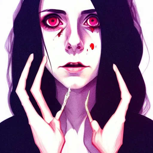 Image similar to loish, artgerm, Joshua Middleton art, Rafeal Albuquerque, pretty Alison Brie serial killer holding bloody knife in right hand realistic hand, blood on clothes and face, sarcastic smile, symmetrical eyes, symmetrical face, jean jacket, jeans, short blonde hair, middle shot, night time, deep blacks