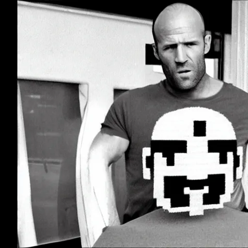 Prompt: jason statham in the movie super mario bros dressed as mario