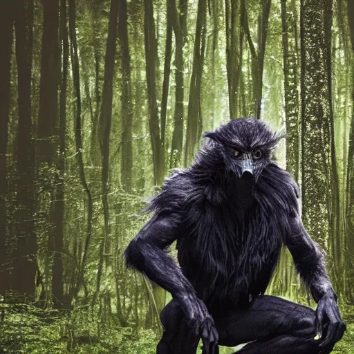 Image similar to werecreature consisting of human and crow, photograph captured in a forest