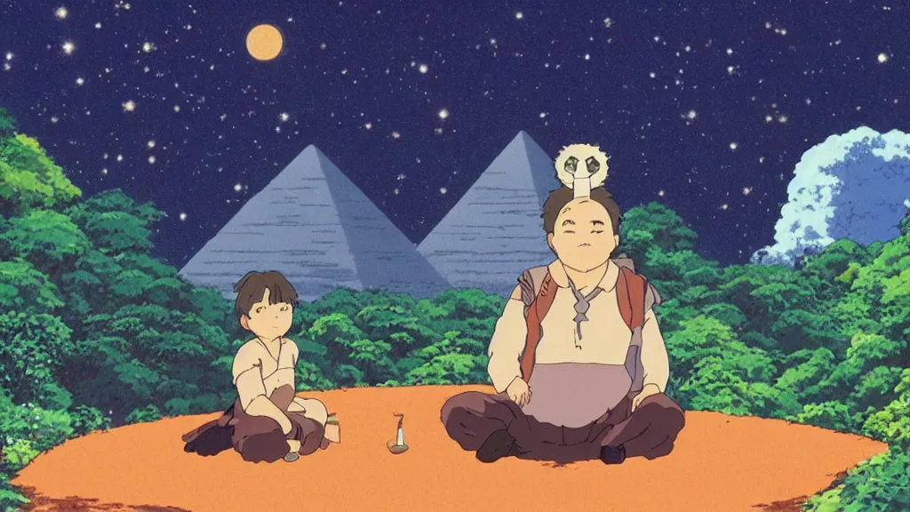 Prompt: a movie still from a studio ghibli film showing a huge dwarf meditating. a pyramid is under construction in the background, in the rainforest on a misty and starry night. a ufo is in the sky. by studio ghibli