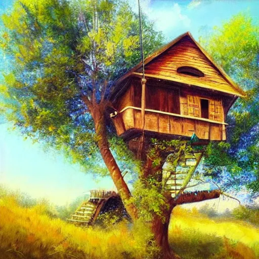 Image similar to treehouse in the countryside on a sunny day, peaceful, dreamy, brush strokes, oil painting