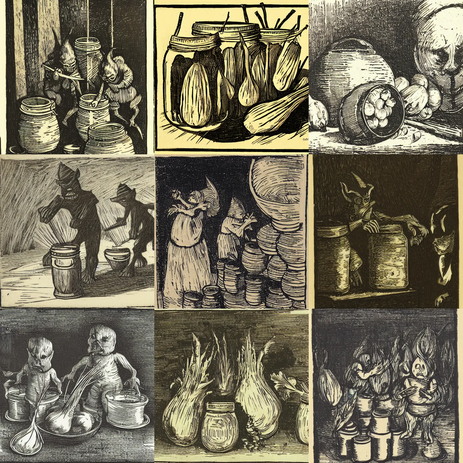 Prompt: tonalist woodcut of parsnip - goblins amongst pickling jars, chiaroscuro, charcoals, symbolist, luminous, two - point perspective, monochromatic