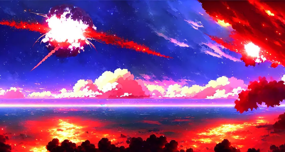 Image similar to a nuclear bomb mid - detonation above the ocean trending pixiv fanbox, acrylic palette knife, style of makoto shinkai takashi takeuchi yoshiyuki sadamoto greg rutkowski chiho aoshima