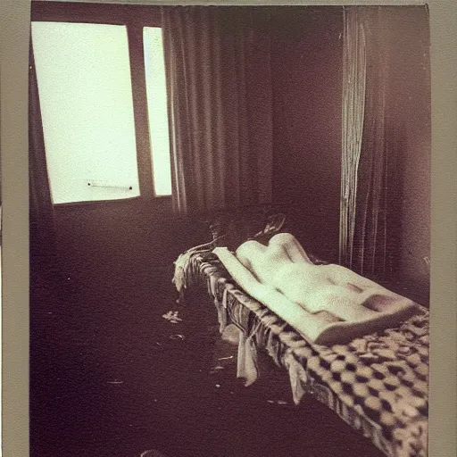 Image similar to coloured atmospheric polaroid photo of a with transparent corpse dead body floating in old living room interior