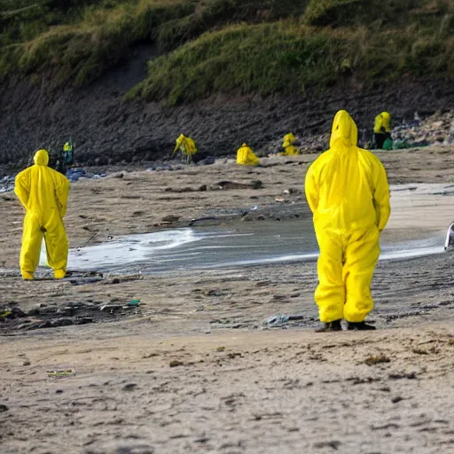 Image similar to Professional Photography, long shot, People in yellow chemical hazmat suits are investigating a huge creepy black creature washed up on the beach.