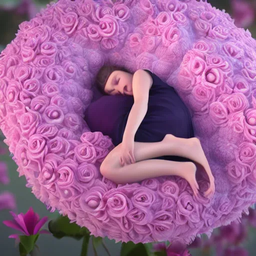 Image similar to girl sleeping on a big flower, 3 d render, incredible details, highly detailed, photorealistic, disney pixar, smooth, octane render, iridescent, 8 k