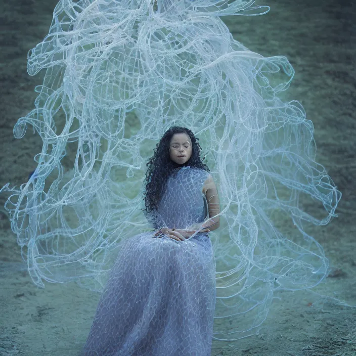 Image similar to a closeup portrait of a woman wearing a dress made of jelly fish and eels, standing in an empty park, color photograph, by vincent desiderio, canon eos c 3 0 0, ƒ 1. 8, 3 5 mm, 8 k, medium - format print