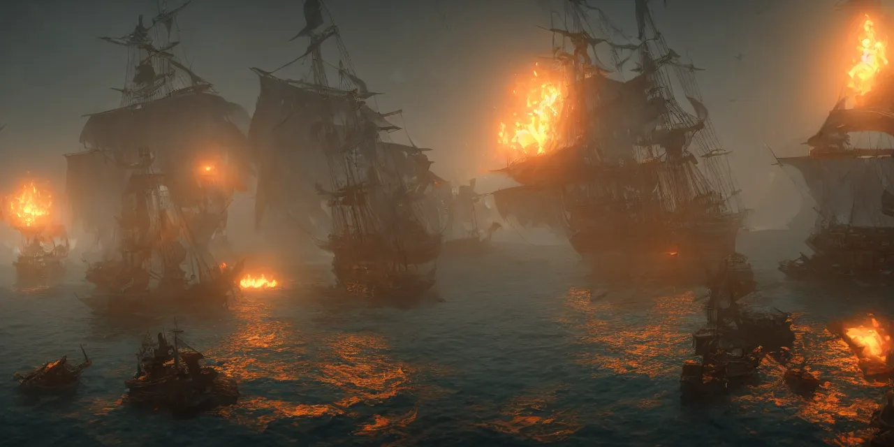 Prompt: pirates vs the kraken, cinematic, foggy, volumetric lighting, fire, unreal engine, trending on artstation