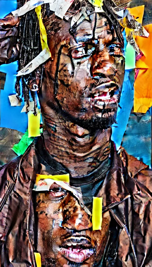 Image similar to rendered in blender travis scott with a trash bag on his head, collage paper and tape, acrylic on canvas, hyperrealism mixed with expressionism, high resolution, cinematic, unreal 6, breathtaking detailed, by blake neubert