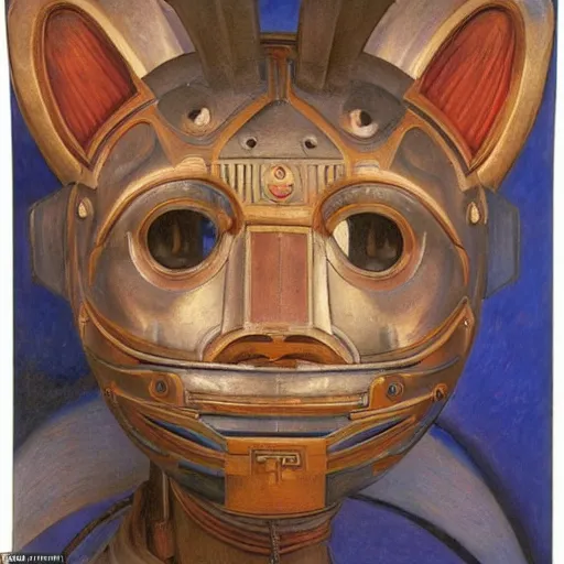 Image similar to masterpiece painting of a robot cat head mask, by annie swynnerton and diego rivera and nicholas roerich and jean delville, symbolist, dramatic lighting, god rays, elaborate geometric ornament, art brut, rich colors, smooth, sharp focus, extremely detailed, adolf wolfli and ( donato giancola )