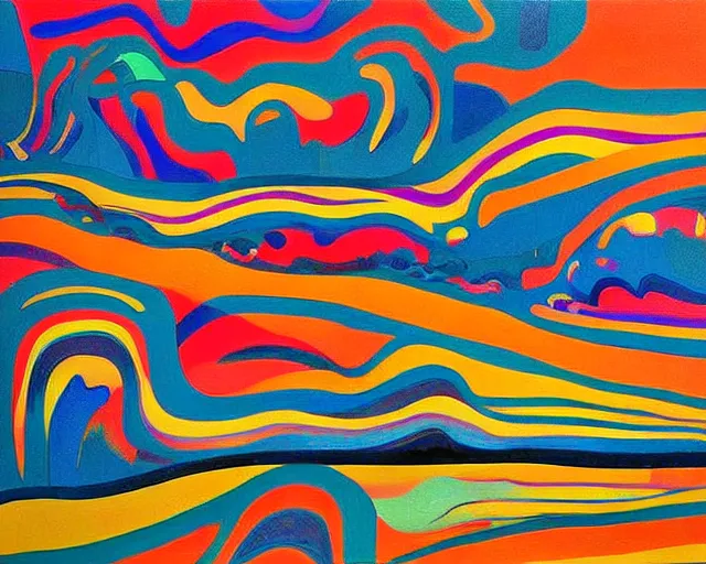 Image similar to A wild, insane, modernist landscape painting. Wild energy patterns rippling in all directions. Curves, organic, zig-zags. Saturated color. Mountains. Clouds. Rushing water. Waves. Psychedelic dream world. Wayne Thiebaud. Lisa Yuskavage landscape.