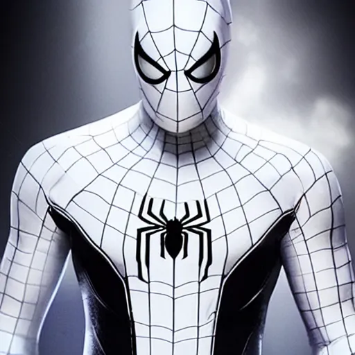 Image similar to white spider - man suit with black web lining, cinematic, volumetric lighting, realistic, hyperdetailed, photorealistic, photograph