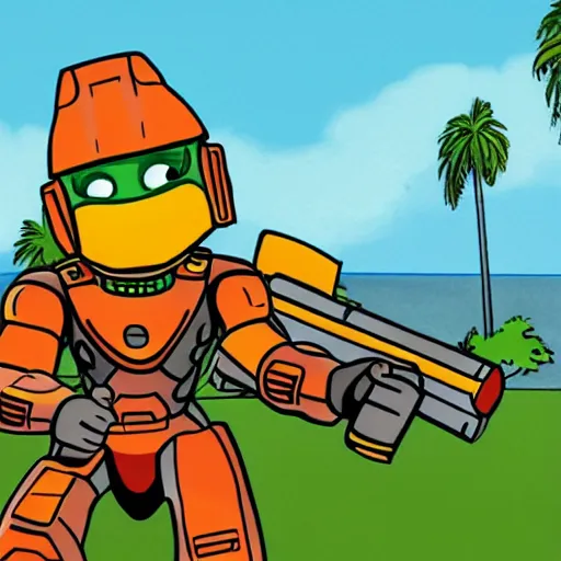 Prompt: masterchief enjoying summer, cartoon style