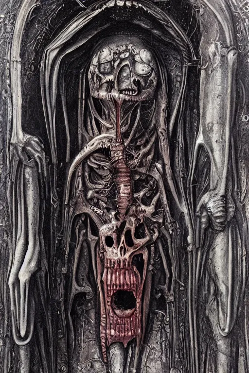 Prompt: the great door of hell, intrincate details, flesh and blood, painted by h. r. giger