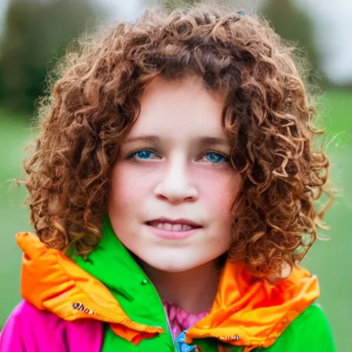 Prompt: a head and shoulders portrait photograph of a seven year old girl with short wavy curly light brown hair and blue eyes wearing a colorful raincoat in the rain. high quality professional photo, natural lighting