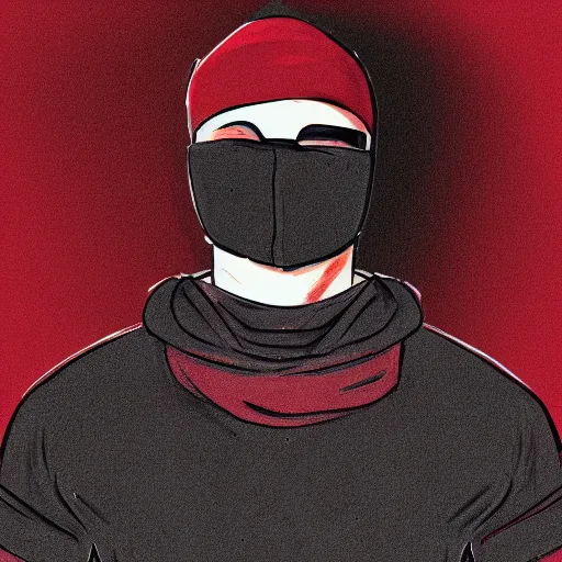 Prompt: sketch of a short stocky buff guy in a plain black t - shirt and cargo shorts, wearing a red ski mask over his entire face, black ski goggles, detailed, dramatic lighting, artstation