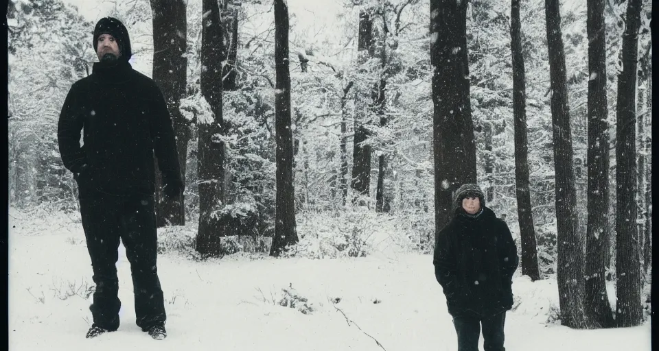 Prompt: vintage polaroid photograph of a man wearing black winter clothes and a black beanie in a snowy forest, standing next to a car