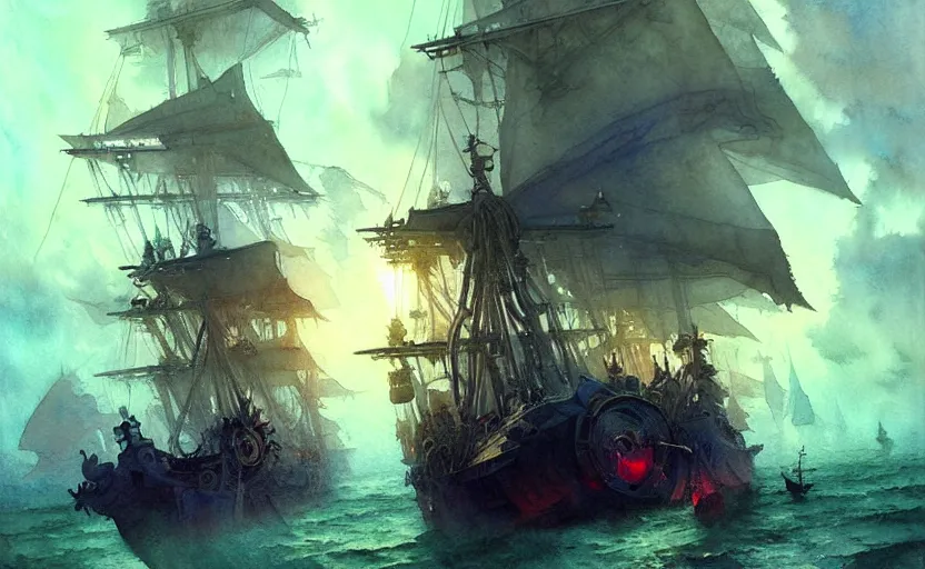 Image similar to pirate galleon fleet. intricate, amazing composition, colorful watercolor, by ruan jia, by maxfield parrish, by marc simonetti, by hikari shimoda, by robert hubert, by zhang kechun, illustration, gloomy, volumetric lighting, fantasy