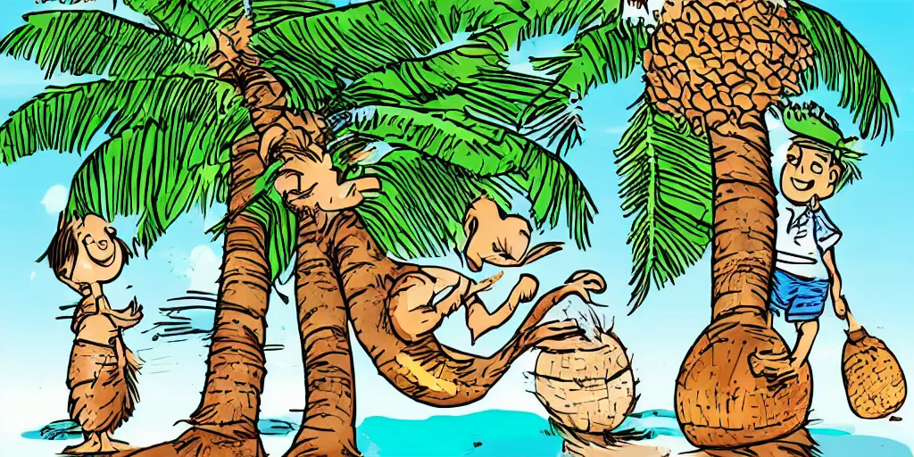 Prompt: there are so many uses of the coconut tree,, silly, coconut, cartoon,