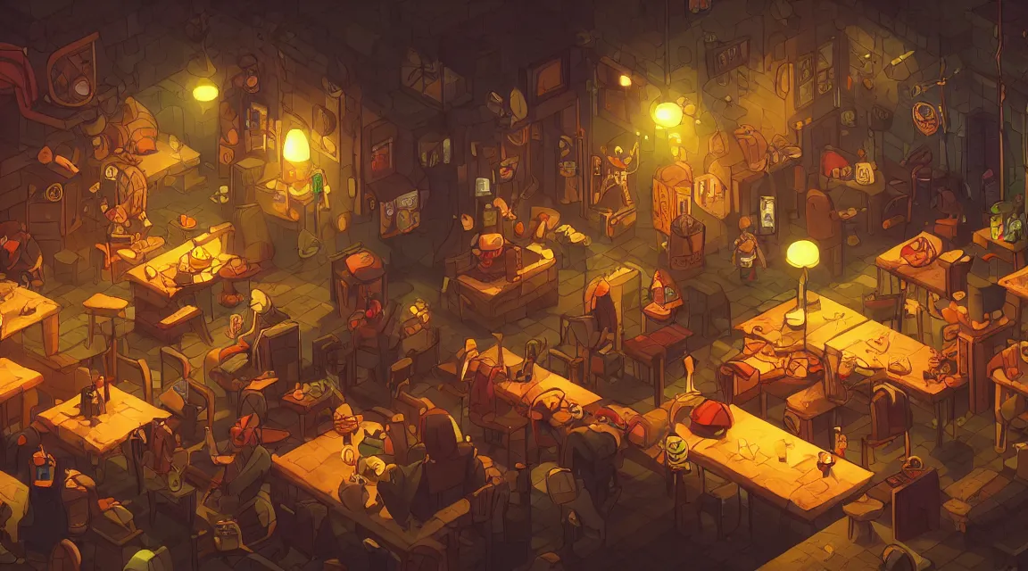 Image similar to A multidimensional cozy tavern, retro video game vibe, cinematic lighting, epic composition, cartoon, animation, background art, post processing, 8K resolution