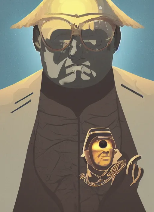 Prompt: a portrait of baron Vladimir Harkonnen wearing gold sun glasses, glowing eyes, cyborg, highly detailed, painted by Petros Afshar and James Gilleard