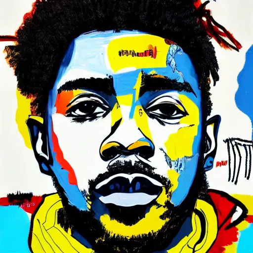 Prompt: portrait of kendrick lamar in a sweatshirt in the style of jean basquiat, colorful, artistic, vibrant, high fashion, art