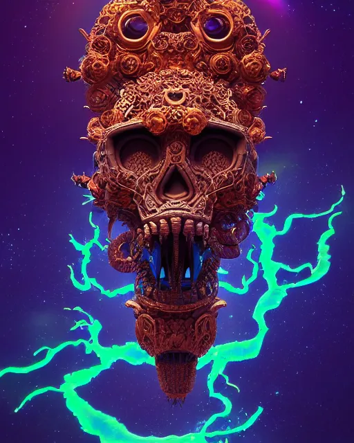 Image similar to 3 d ornate carved dark cosmic nomad with profile portrait, sigma 5 0 0 mm f / 5. beautiful intricate highly detailed quetzalcoatl skull. bioluminescent, plasma, lava, ice, water, wind, creature, thunderstorm! artwork by tooth wu and wlop and beeple and greg rutkowski, 8 k trending on artstation