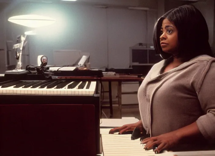 Prompt: cinematic shot of octavia spencer in an small used electronics store hands on an old electronic keyboard, iconic scene from the paranoid thriller sci fi film directed by stanley kubrick, anamorphic cinematography, beautiful composition, color theory, leading lines, photorealistic, moody volumetric light