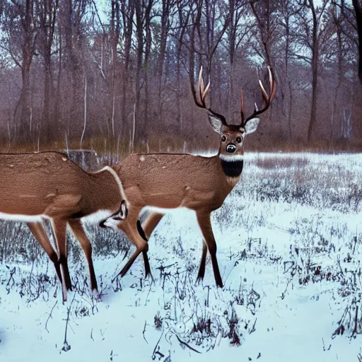 Image similar to deers hunting a hunter, realistic hektachrome, national geographic,