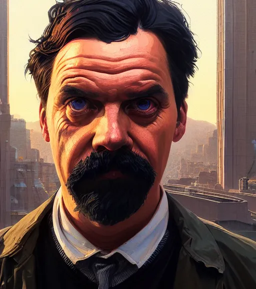 Image similar to Highly detailed portrait of Nietzsche in GTA V, Stephen Bliss, unreal engine, fantasy art by Greg Rutkowski, Loish, Rhads, ferdinand knab, Makoto Shinkai and Lois van baarle, ilya kuvshinov, rossdraws, Tom Bagshaw, global illumination, radiant light, detailed and intricate environment