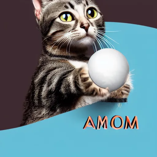 Image similar to realistic cat holding up word atom