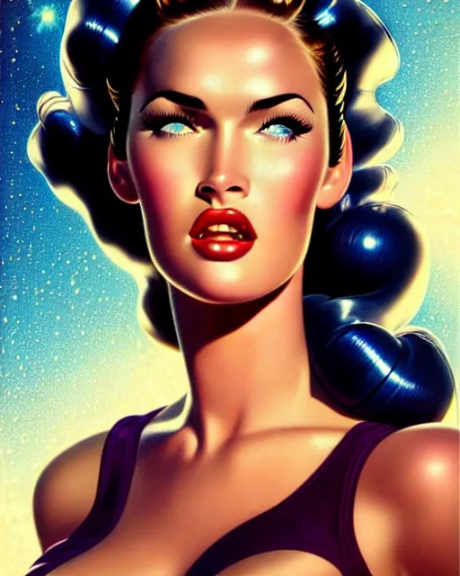 Image similar to closeup beautiful retro space megan fox varga girl holding a ray gun, posing on a chrome space ship in diesel punk city, windblown dark hair, retro pinup model, seductive, 1 9 4 0, hyper detailed, digital art, smooth, sharp focus, gil elvgren, anna dittmann,