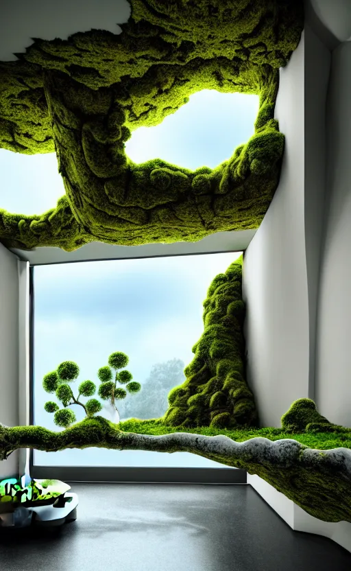 Image similar to highly detailed villa natural beautiful light interior soft cinematic composition of a smooth ceramic porcelain biomorphic magnolia stone nebula fluid sci - fi surreal architecture landscape, furniture, granite, trees, marble, moss, lichen, fungi, vincent callebaut composition, mamou - mani, archviz, 8 k, unreal engine, hdr