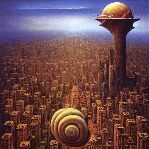 Prompt: a giant snail stands over a city painting by beksinski, behsinski colors. masterpiece painting